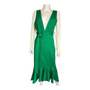 Lena Green Plunge Neck Sheath High/Low Midi Dress, Size L #203